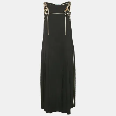 Pre-owned Prada Black Embellished Crepe Pleated Sleeveless Dress M