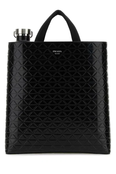 Prada Leather Shopping Bag With Detachable Water Bottle In Black