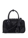 Prada Triangle Logo-embroidered Top Handle Bag In Black