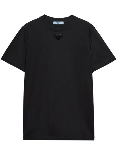 PRADA BLACK EMBROIDERED-TRIANGLE JERSEY T-SHIRT