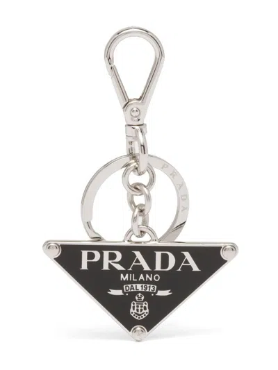 Prada Triangle Logo Plaque Keyr In Black