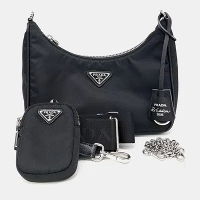 Pre-owned Prada Black Fabric Re-nylon Tessuto Chain Strap Hobo Bag