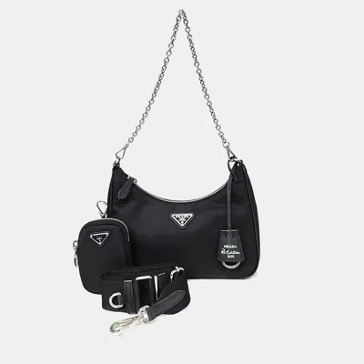 Pre-owned Prada Black Fabric Tessuto Chain Strap Hobo Bag