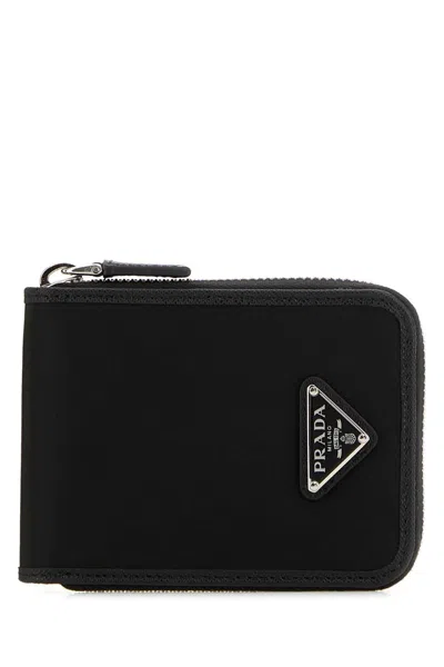 Prada Fabric Wallet Logo Detail Zip Around In Black