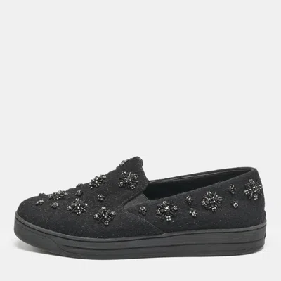 Pre-owned Prada Black Felt Crystal Embellished Slip On Sneakers Size 39