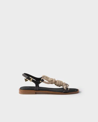 Prada Black Flat Leather And Cord Sandals