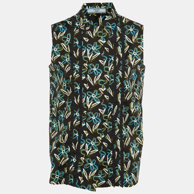 Pre-owned Prada Black Floral Print Cotton Button Front Top S