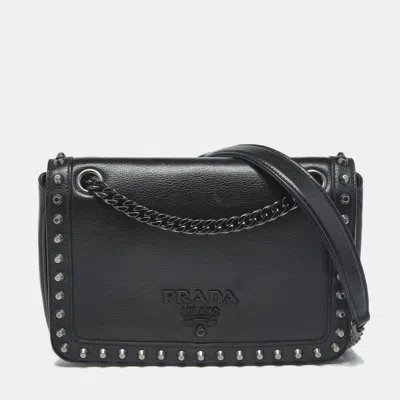 Pre-owned Prada Black Glace Calf Leather Studded Flap Crossbody Bag