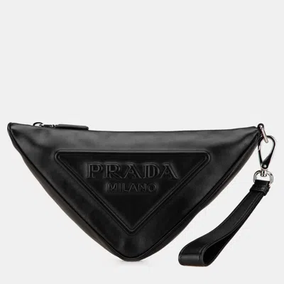 Pre-owned Prada Black Grace Lux Triangle Logo Embossed Triangle Wristlet Pouch