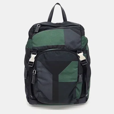 Pre-owned Prada Black Green Navy Blue Nylon One Pocket Backpack