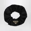 Prada Gathered Black Scrunchie With Triangular Logo Patch In Black