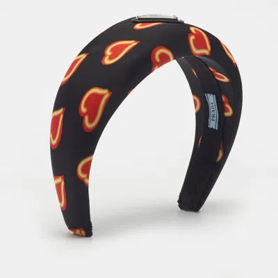 Pre-owned Prada Black Heart Print Re-nylon Padded Headband