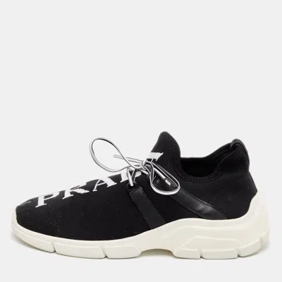 Pre-owned Prada Black Knit Fabric And Leather Xy Logo Low Top Sneakers Size 38