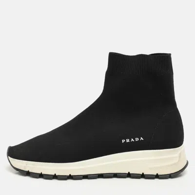 Pre-owned Prada Black Knit Fabric Logo Sock Runner High Top Sneakers Size 38