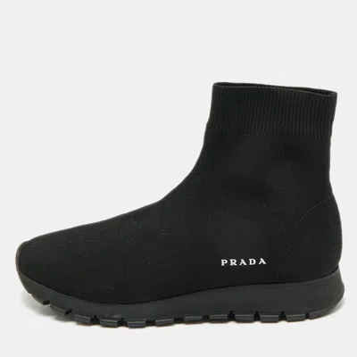 Pre-owned Prada Black Knit Fabric Sock Runner High Top Sneakers Size 35.5