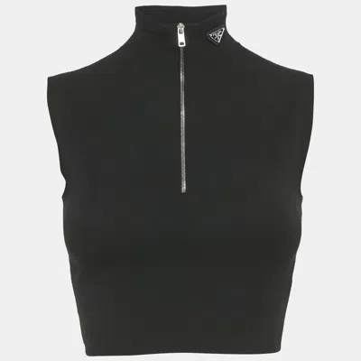 Pre-owned Prada Black Knit Half Zip Sleeves Crop Top S