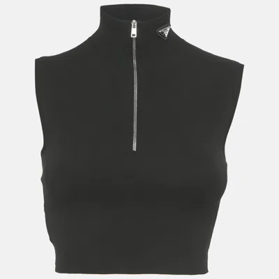 Pre-owned Prada Black Knit Triangle Enamel Logo Sleeveless Crop Top S