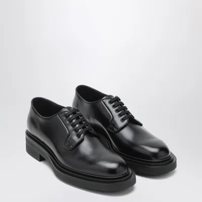 Prada Black Lace-up Shoes In Polished Leather In Animal Print
