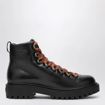 Prada Black Lace-up Trek-inspired Ankle Boots In Calf Leather With Lugged Sole