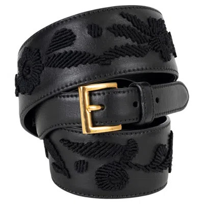 Pre-owned Prada Black Leather 2019 Floral Embroidered Belt 80