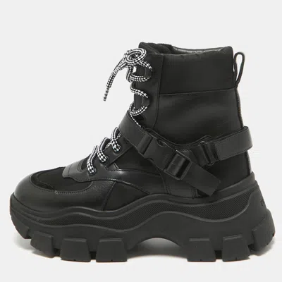 Pre-owned Prada Black Leather And Nylon Combat Boots Size 38.5