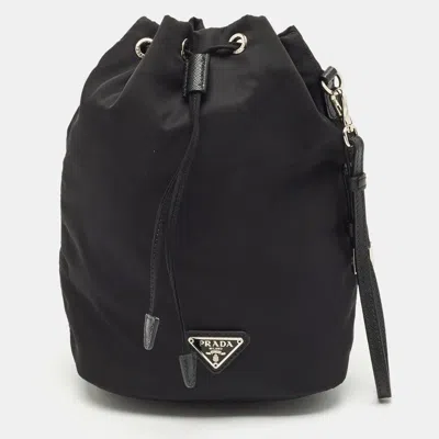 Pre-owned Prada Black Leather And Nylon Drawstring Wristlet Pouch