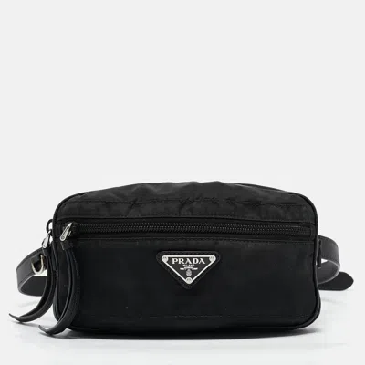 Pre-owned Prada Black Leather And Nylon Front Pocket Belt Bag