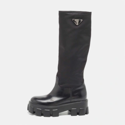 Pre-owned Prada Black Leather And Nylon Monolith Boots Size 38