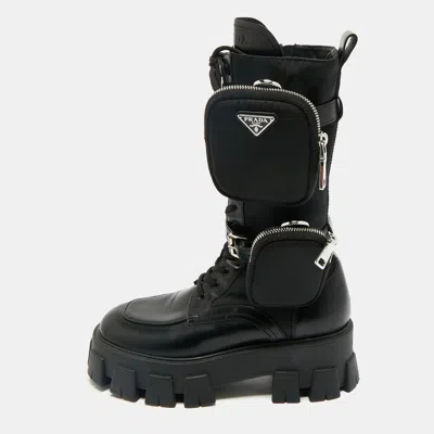 Pre-owned Prada Black Leather And Nylon Monolith Combat Boots Size 37.5