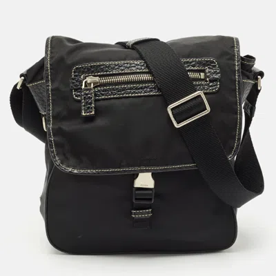 Pre-owned Prada Black Leather And Nylon Pocket Flap Messenger Bag