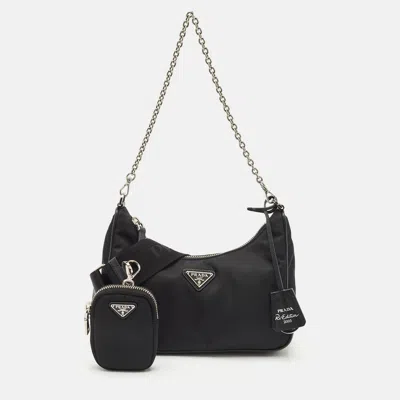 Pre-owned Prada Black Leather And Nylon Re-edition 2005 Shoulder Bag