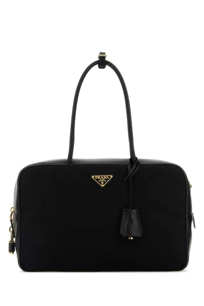 Prada Black Leather And Re-nylon Handbag In Purple