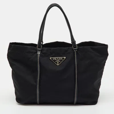 Pre-owned Prada Black Leather And Re-nylon Tote