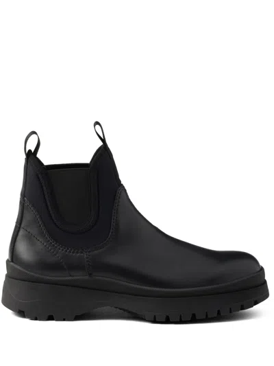 Prada Chunky Sole Leather Ankle Boots In Black