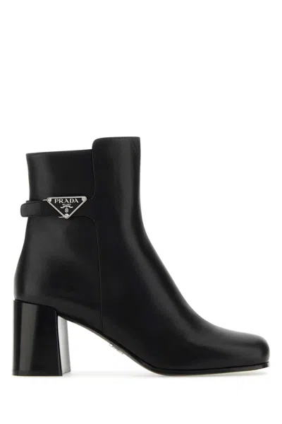 Prada Black Leather Ankle Boots In Nero