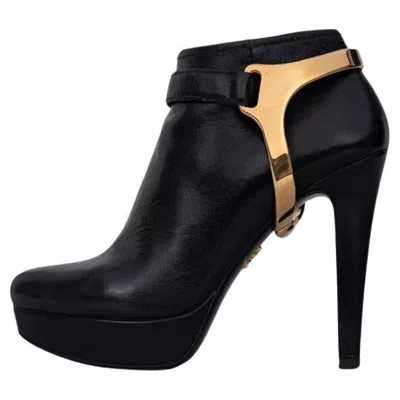 Pre-owned Prada Black Leather Ankle Boots With Gold Hardware, Size 36