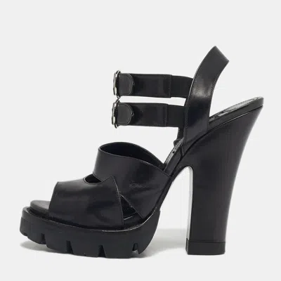 Pre-owned Prada Black Leather Ankle Strap Block Heel Sandals Size 38.5