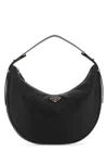 Prada Triangle Logo Plaque Moon Shaped Shoulder Bag In Black