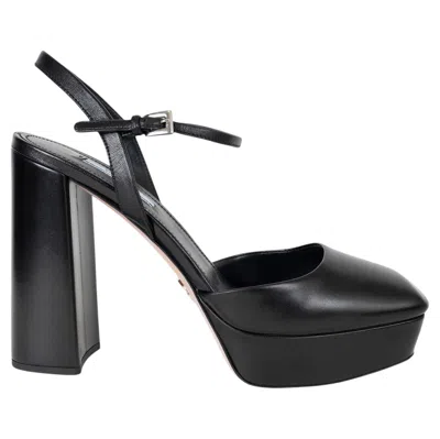 Pre-owned Prada Black Leather Block Heel Platform Ankle Strap Slingabcks Shoes 39