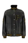 Prada Leather Jacket With Embroidered Patches And High Collar In Black