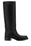 Prada Knee-high Leather Block Heel Boots In Black