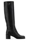 Prada Knee-high Leather Block Heel Boots In Black