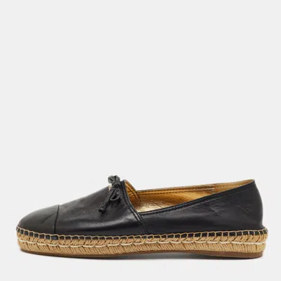 Pre-owned Prada Black Leather Bow Detail Espadrilles Flats Size 38