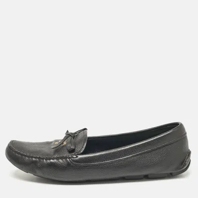 Pre-owned Prada Black Leather Bow Logo Embellished Slip On Loafers Size 39