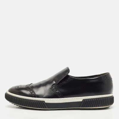 Pre-owned Prada Black Leather Brogue Slip On Sneakers Size 43