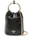 Prada Mini Logo Plaque Leather Bucket Bag In Black