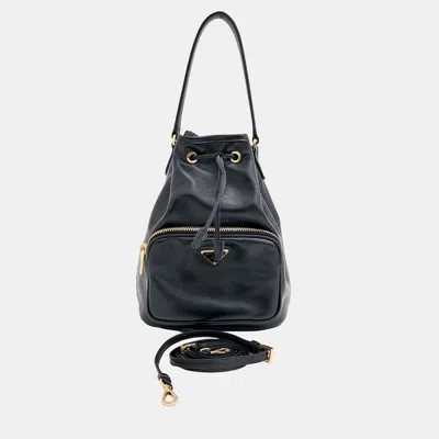 Pre-owned Prada Black Leather Bucket Tote And Crossbody Bag