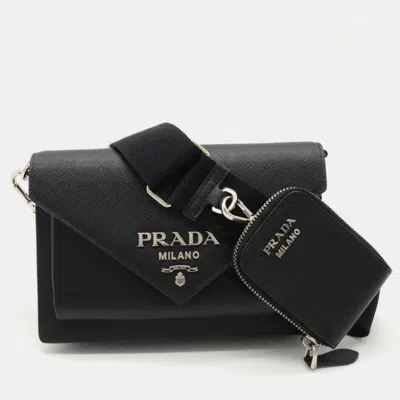 Pre-owned Prada Black Leather Calf-trimmed Saffiano Lux Mini Envelope Bag
