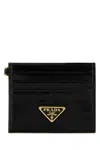 Prada Black Leather Card Holder With Triangle Logo In Black