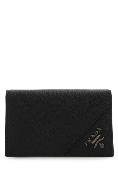 Prada Black Leather Card Holder In Red